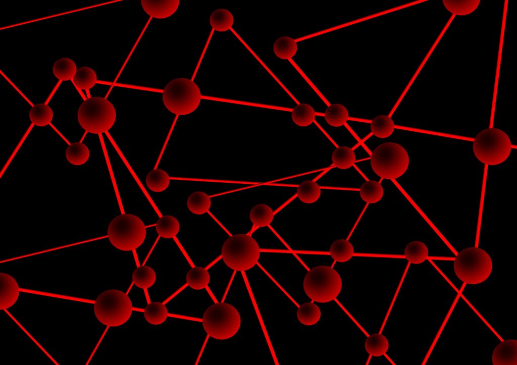 Red Circles Network Wallpaper on Black Background - Connectivity Art