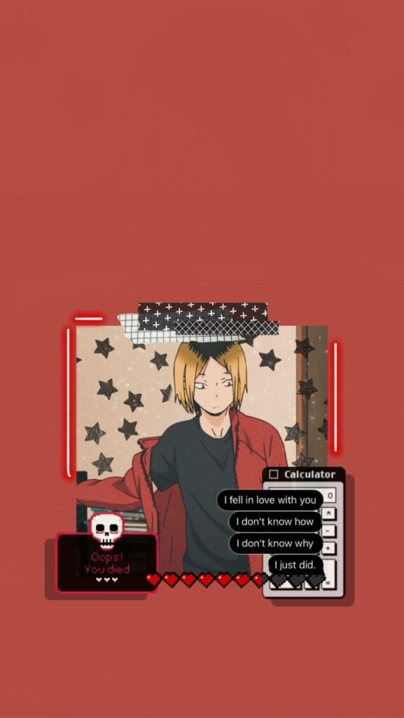 Fire and Shadows: A Vibrant Haikyuu Wallpaper Showcasing Kenma Amidst Red Stars, Pixel Hearts, and Enigmatic Dialogue Bubbles