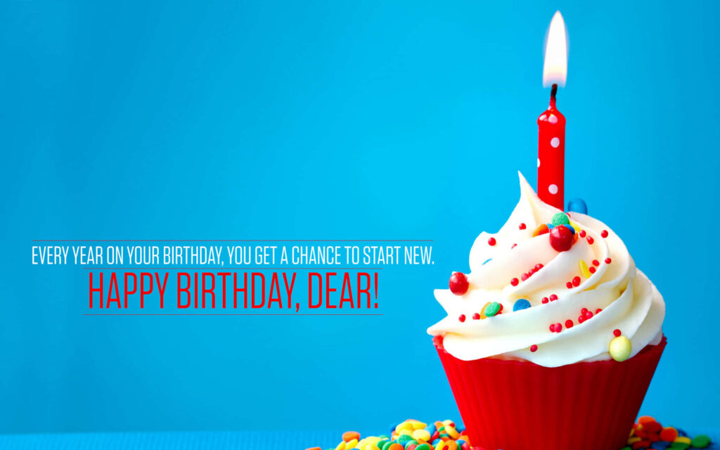 Bright birthday wallpaper with cupcake, creamy frosting, sprinkles, and lit candle text greeting