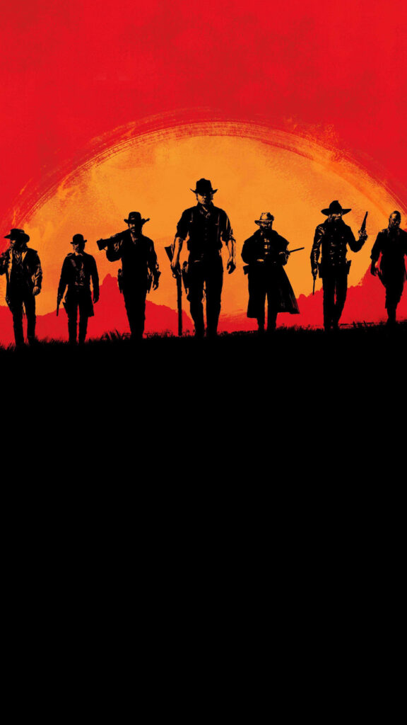 Epic Red Dead Redemption 2 Characters United in Enigmatic Black and Orange Sunset Wallpaper