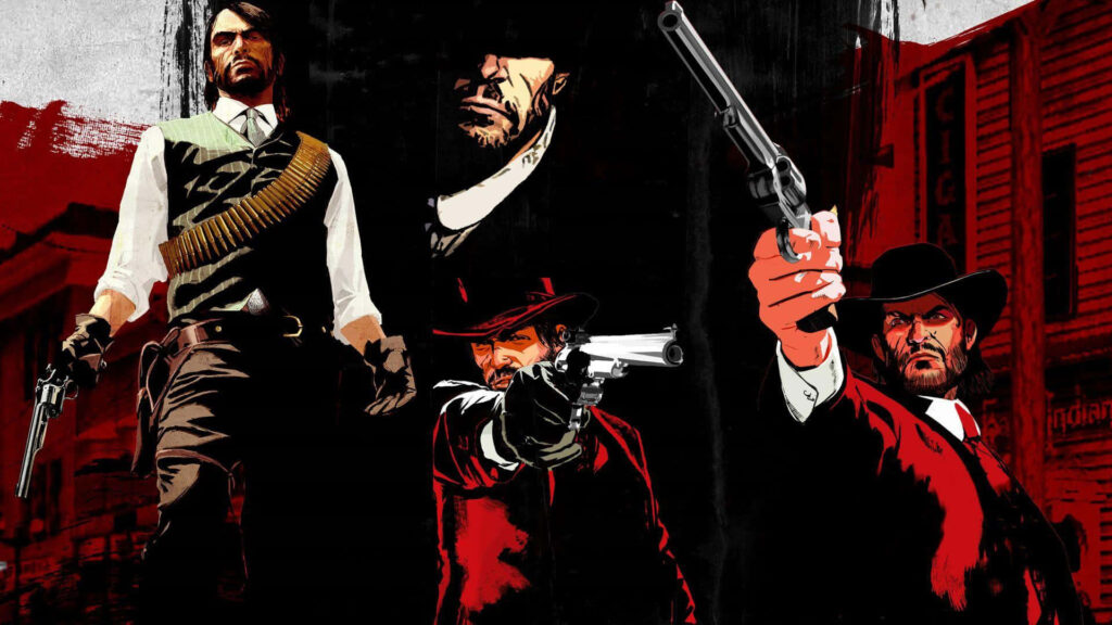 Red Dead Redemption 2 wallpaper with Arthur Morgan and gang in bold red and black illustration