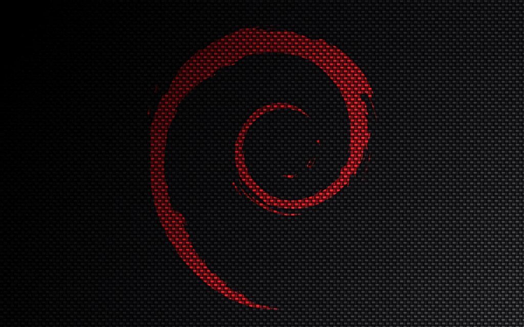 Red Debian swirl logo on textured black carbon fiber background modern tech wallpaper