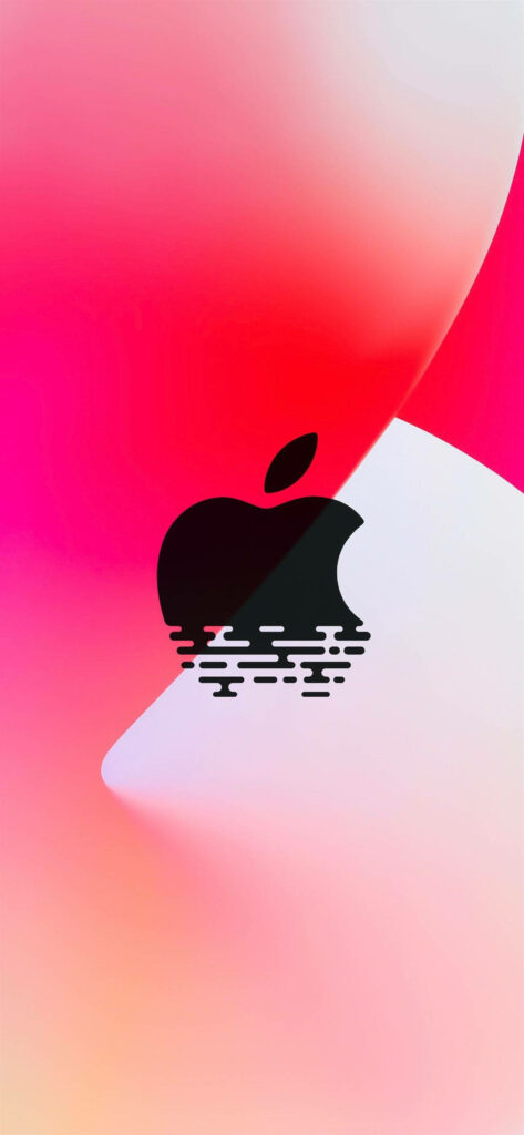 Minimalist black Apple logo wallpaper with digital glitch effect on pink and white gradient background
