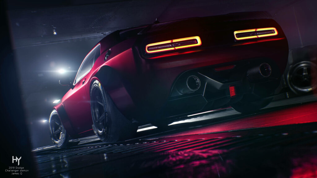 Red Dodge Challenger Demon in 4K parked on dark street with illuminated taillights muscle car wallpaper