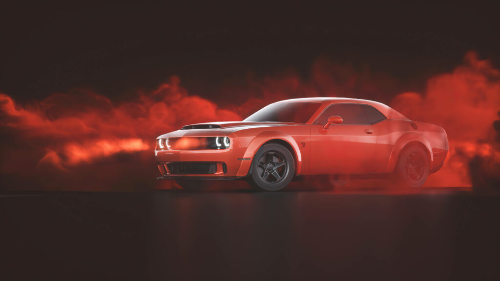 Red Dodge Challenger Demon in red smoke aggressive muscle car 4K wallpaper dark background