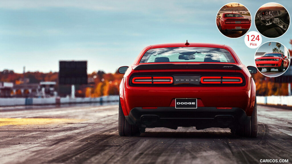 Red Dodge Challenger SRT Demon rear view on drag strip with autumn trees showcasing muscle car power Wallpaper