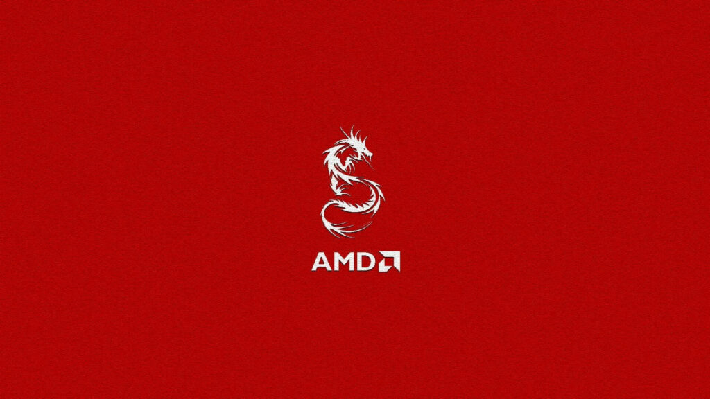 Bold AMD logo with sleek white dragon on vibrant red wallpaper background design