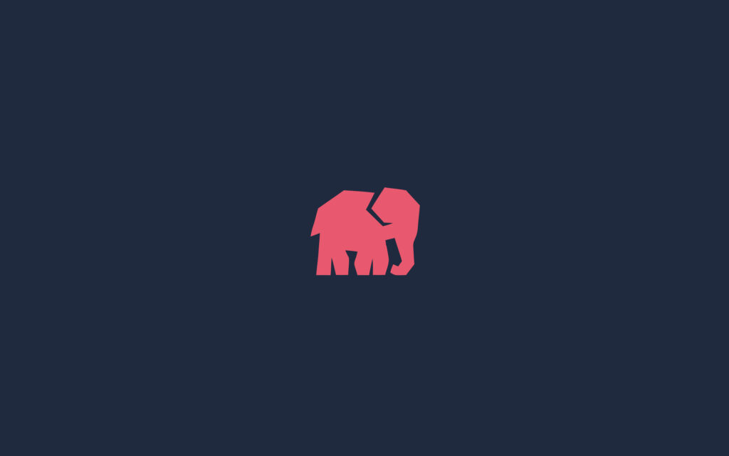 Minimalist geometric elephant illustration in coral pink on dark navy background wallpaper