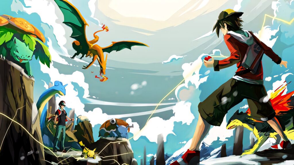 Red from Pokemon battling iconic Pokemon Charizard Venusaur Blastoise Pikachu vibrant anime wallpaper