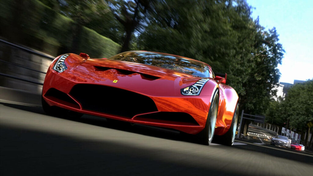 Red Ferrari 288 GTO speeding on sunlit road with blurred green trees iconic supercar wallpaper
