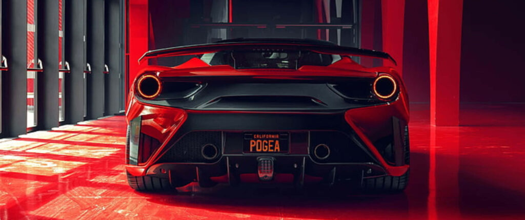 Rear view of red Ferrari 488 showcasing aerodynamic design in vibrant modern red background wallpaper