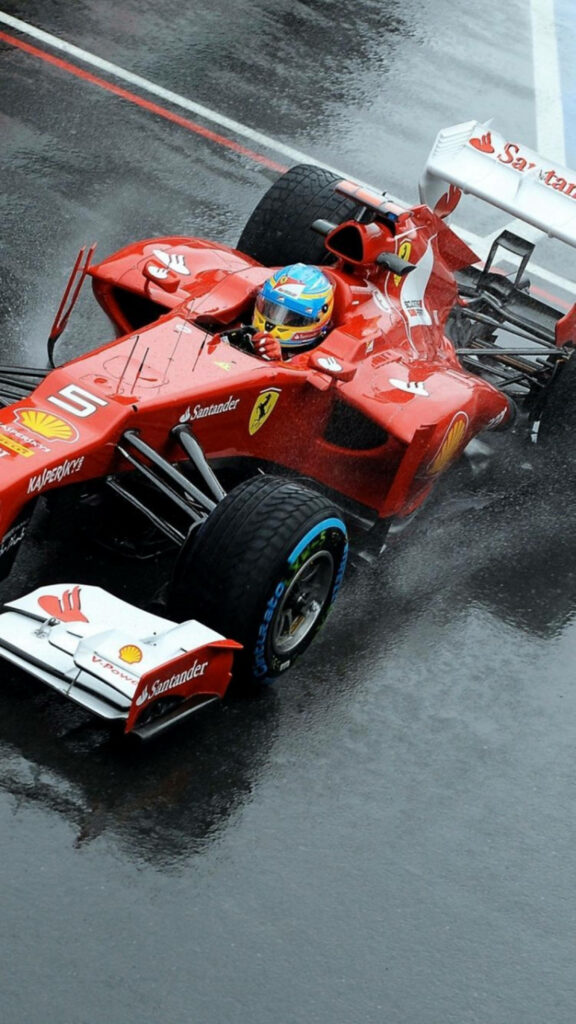 Red Ferrari F1 sportscar racing on wet track sleek design dynamic motion wallpaper background