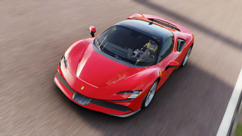 Race car driver in red Ferrari confidently pointing forward on sunlit sleek aerodynamic track wallpaper