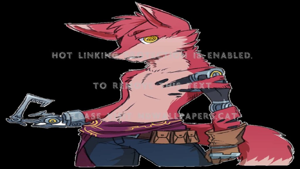Anime style red fox character with mechanical arm and sword rugged action wallpaper background
