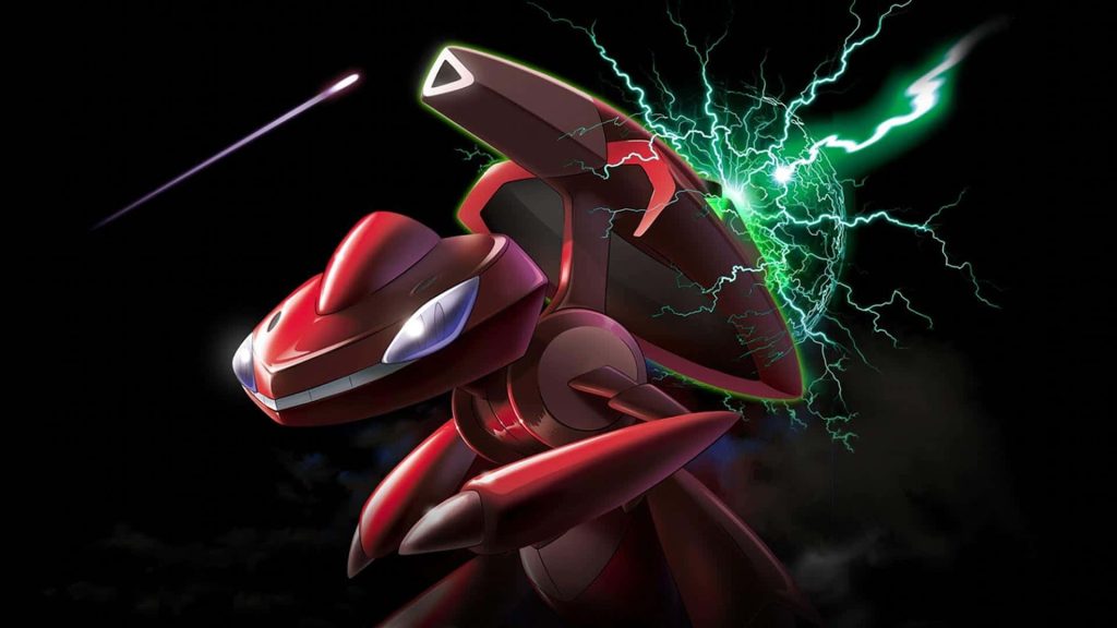 Red Genesect 3D digital wallpaper with green electric energy on black high-tech background