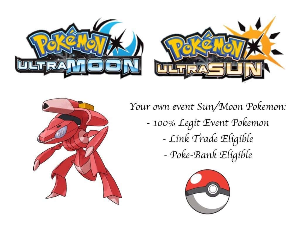 Red Genesect with Pokémon Ultra Sun Ultra Moon logos and event Pokémon promo background wallpaper