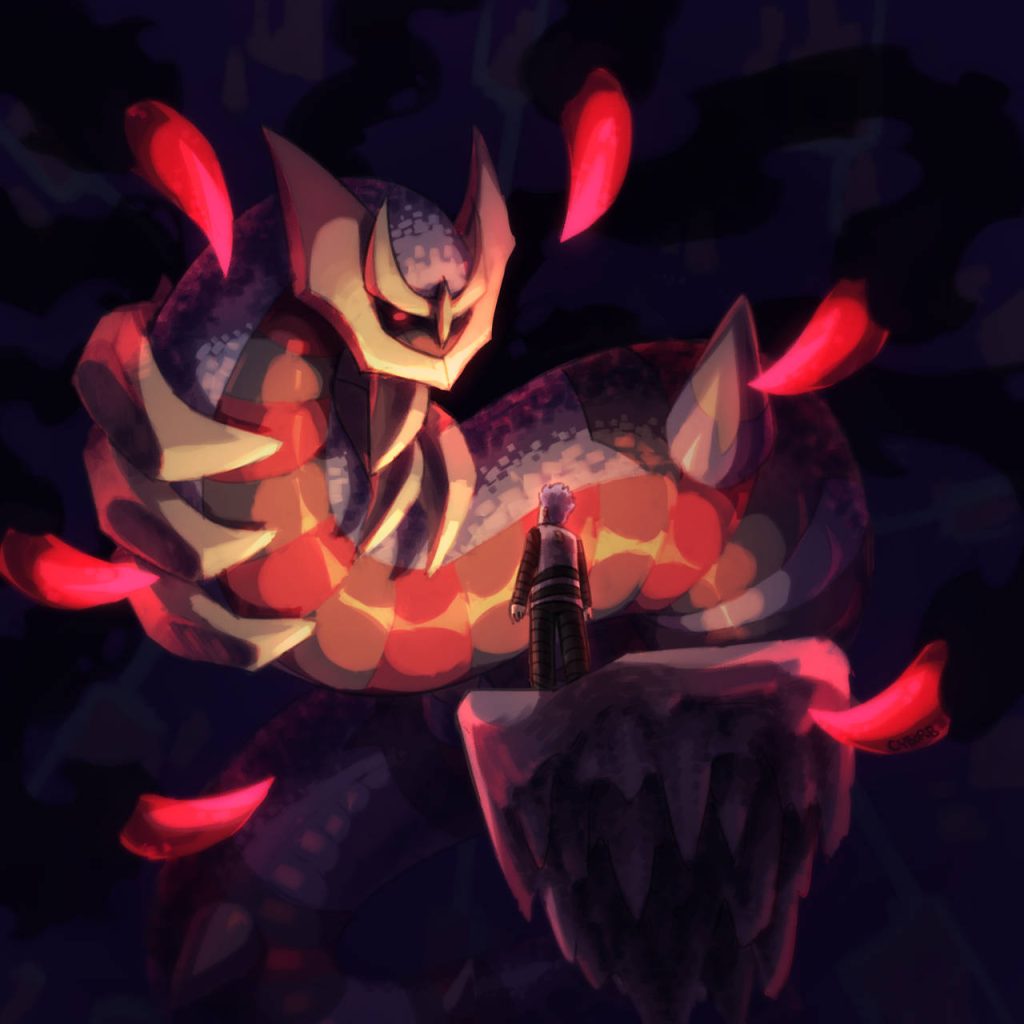 Red Giratina looming over Cyrus in dark Distortion World with glowing accents wallpaper background