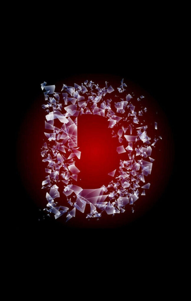 Bold letter D made of glowing red glass shards on black background edgy tech wallpaper design