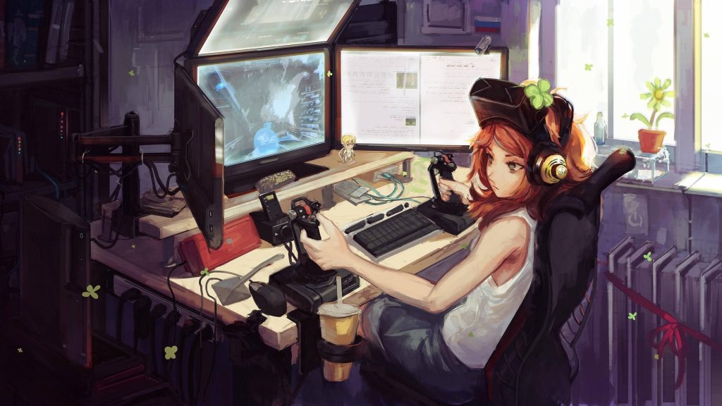 Red-haired girl gaming with joystick in cozy sunlit room anime flight simulator wallpaper