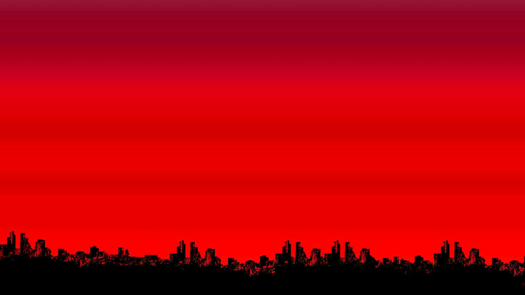 Dramatic minimalist city skyline silhouette against vivid blood red sunset gradient wallpaper