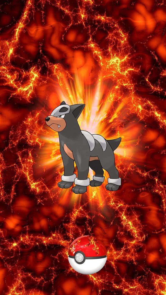 Red Houndour Pokémon wallpaper fiery lava background high-energy Dark Fire type design mobile