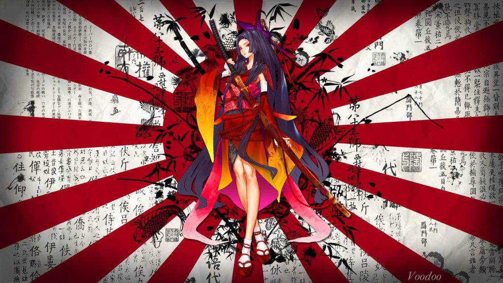 Sword-wielding warrior in red kimono with rising sun black bamboo koi fish Japanese Kanji wallpaper