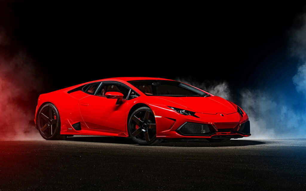 Red Lamborghini sports car in ultra HD 4K with dramatic lighting and smoke on dark background Wallpaper