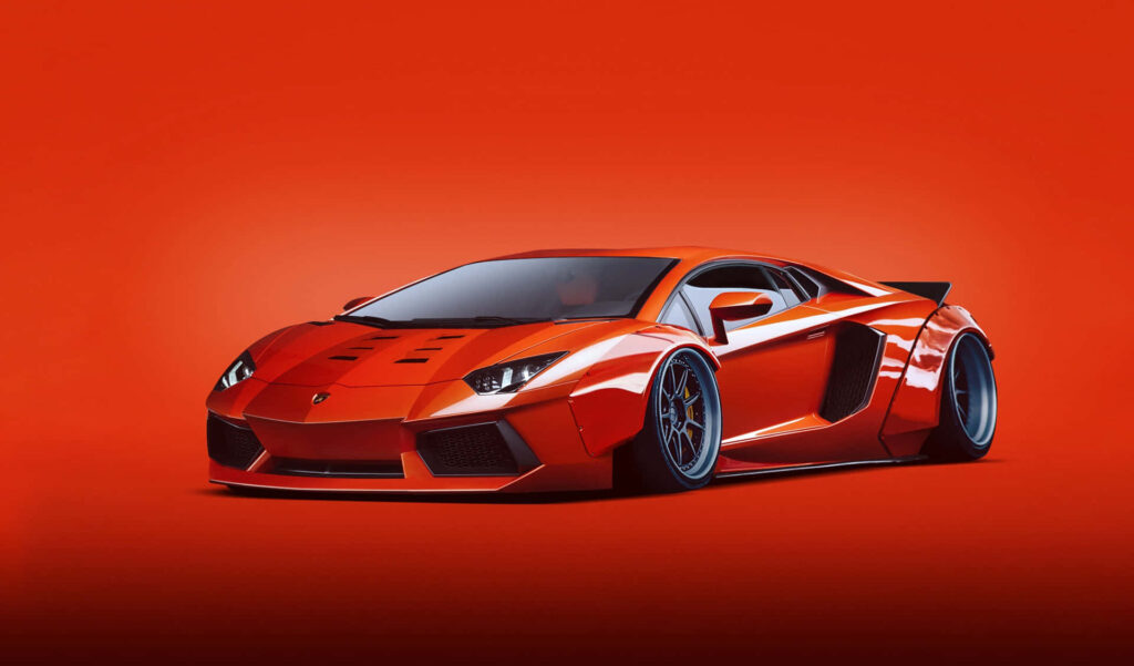 Red Lamborghini Aventador supercar with sleek lines on vibrant red background wallpaper design