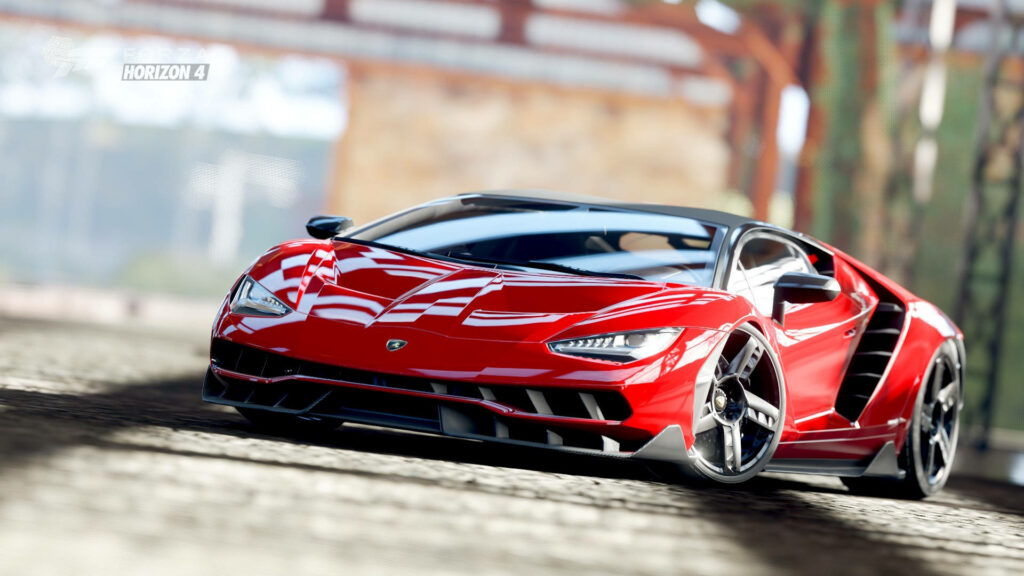 Red Lamborghini supercar showcased in Forza Horizon 4 gaming wallpaper background design