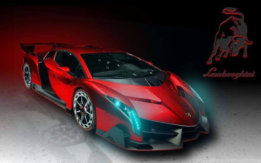 Red Lamborghini Veneno with diamond finish and signature headlights on dark backdrop wallpaper