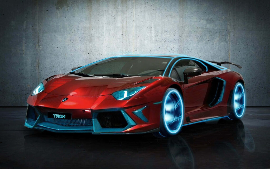 Red Lamborghini with glowing neon blue wheels on modern concrete background futuristic car wallpaper