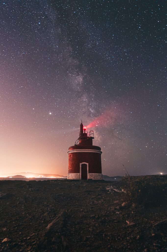 Red lighthouse on rocky coast under starry sky with glowing Milky Way nighttime wallpaper background