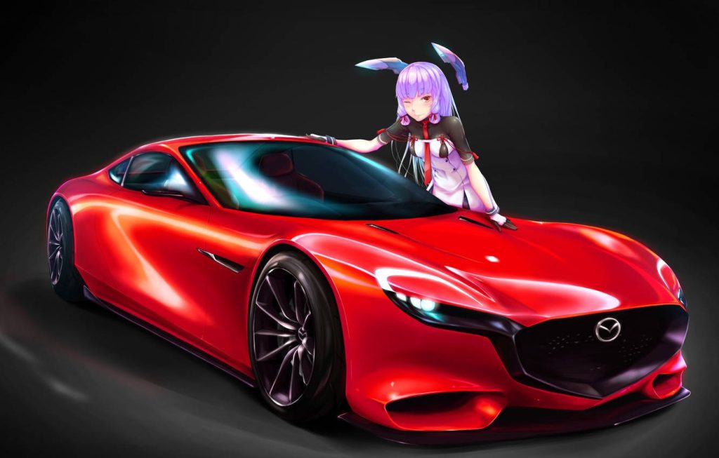 Red Mazda RX-Vision with anime character Reisen Udongein Inaba leaning under studio lights Wallpaper