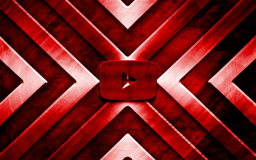 Glossy red metallic YouTube logo with brushed metal chevrons on deep crimson 4K wallpaper background