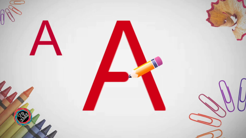 Bold red letter A traced by cartoon pencil with crayons clips and shavings educational wallpaper