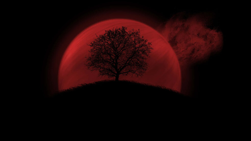 Crimson Moonlit Majesty: Tree Silhouette for Red-themed PC Screens Wallpaper