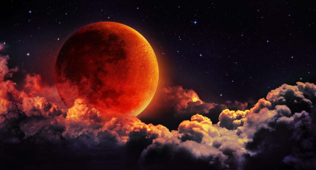 Vibrant Red Moon Over Cloudy Night Sky - Stunning Wallpaper Background
