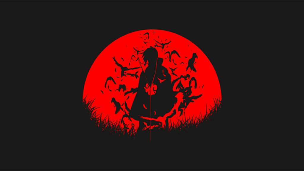 Minimalist Itachi Uchiha silhouette with Akatsuki cloak and crows under glowing red moon wallpaper