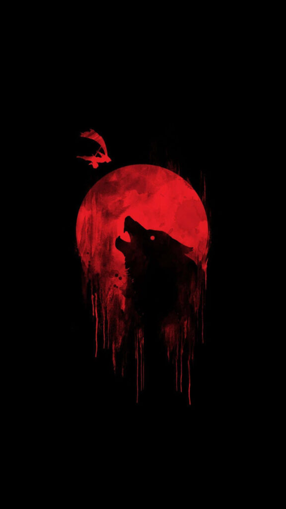 Vibrant Red Moon & Wolf Silhouette on Black AMOLED Background Wallpaper