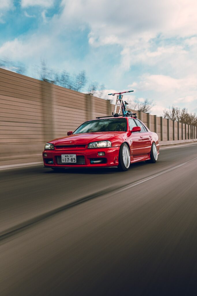 Dynamic Red Nissan R34 Wallpaper: Speed & Sporty Design