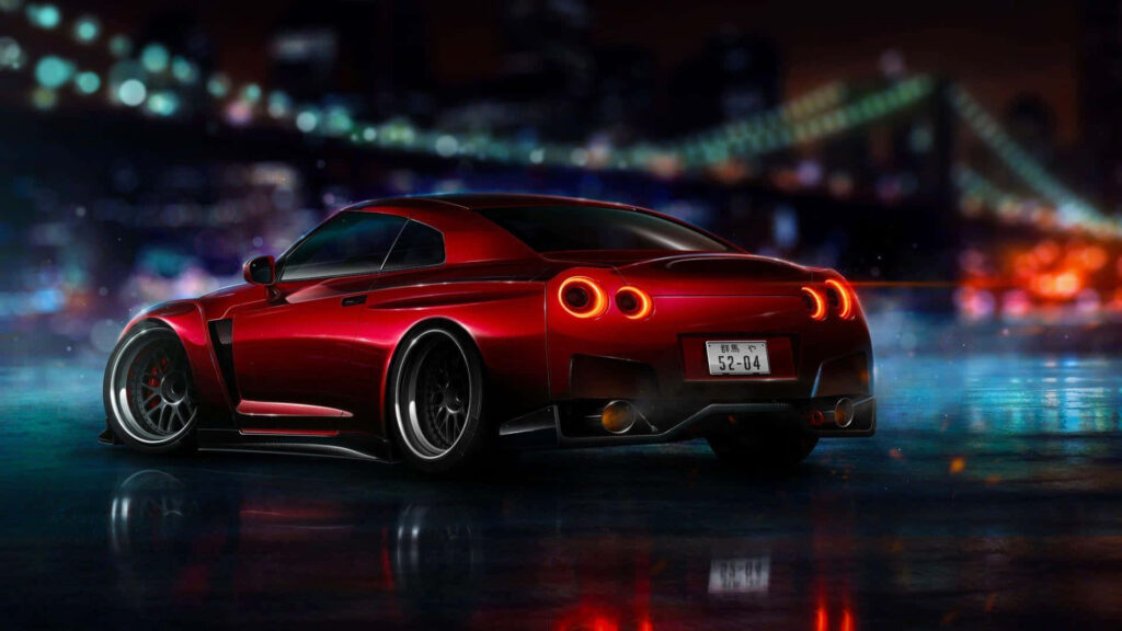 Shiny red Nissan R35 GTR parked on reflective city street at night with glowing bridge background Wallpaper
