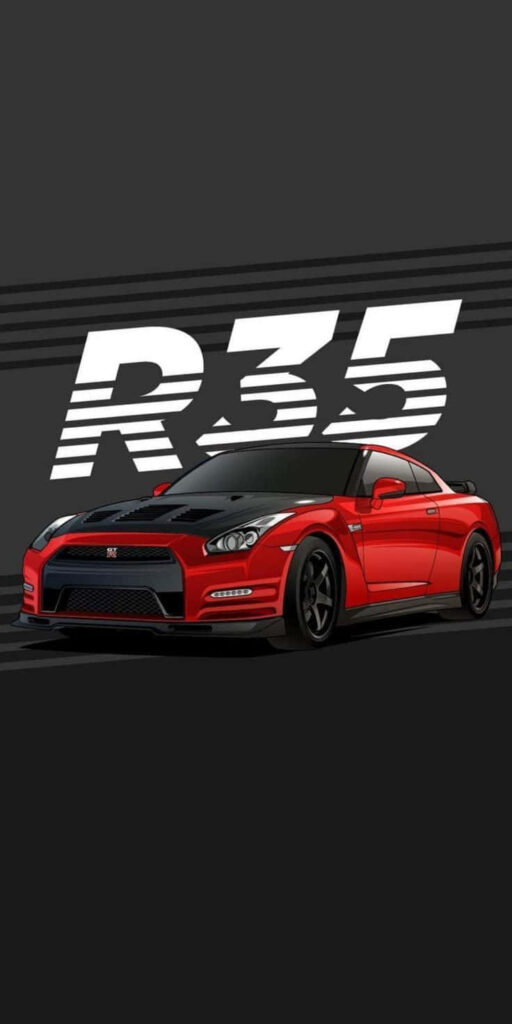 Bold red Nissan R35 GTR graphic with white lettering on dark background sports car wallpaper