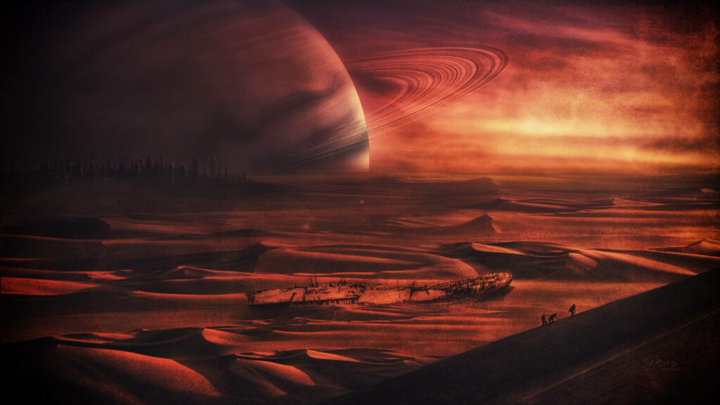 Apocalyptic sci-fi wallpaper red desert ringed gas giant shipwreck silhouetted figures dark atmosphere