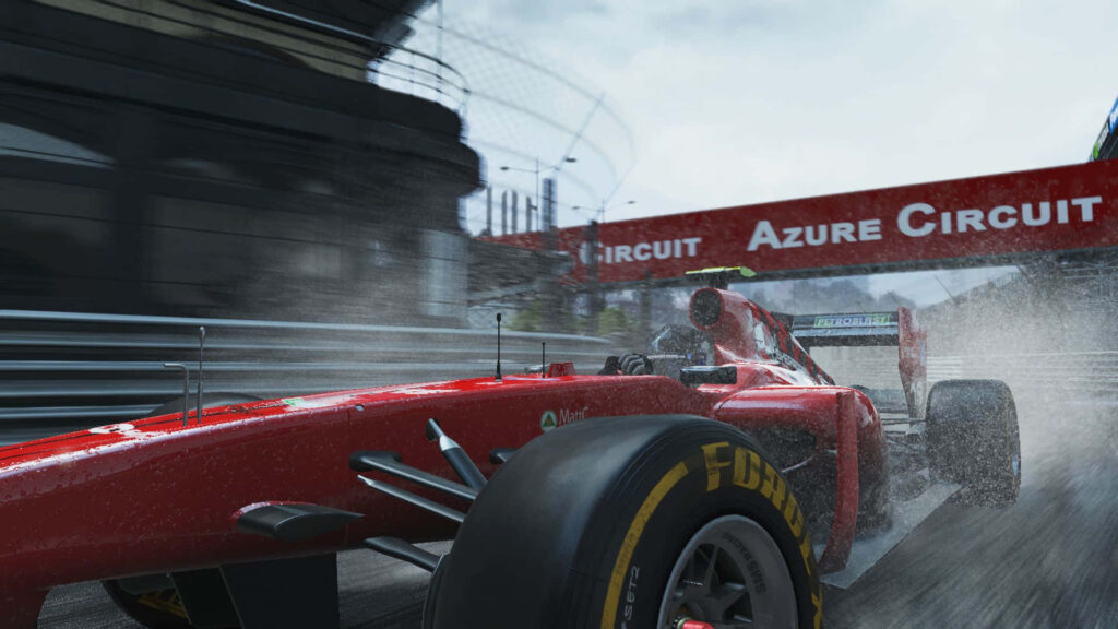 Red racing car speeding on wet racetrack splashing water near Azure Circuit sign motorsport action Wallpaper