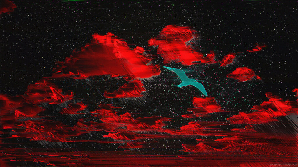 Glitchy Scarlet Nebula: A Digital Masterpiece of Wandering Clouds Wallpaper