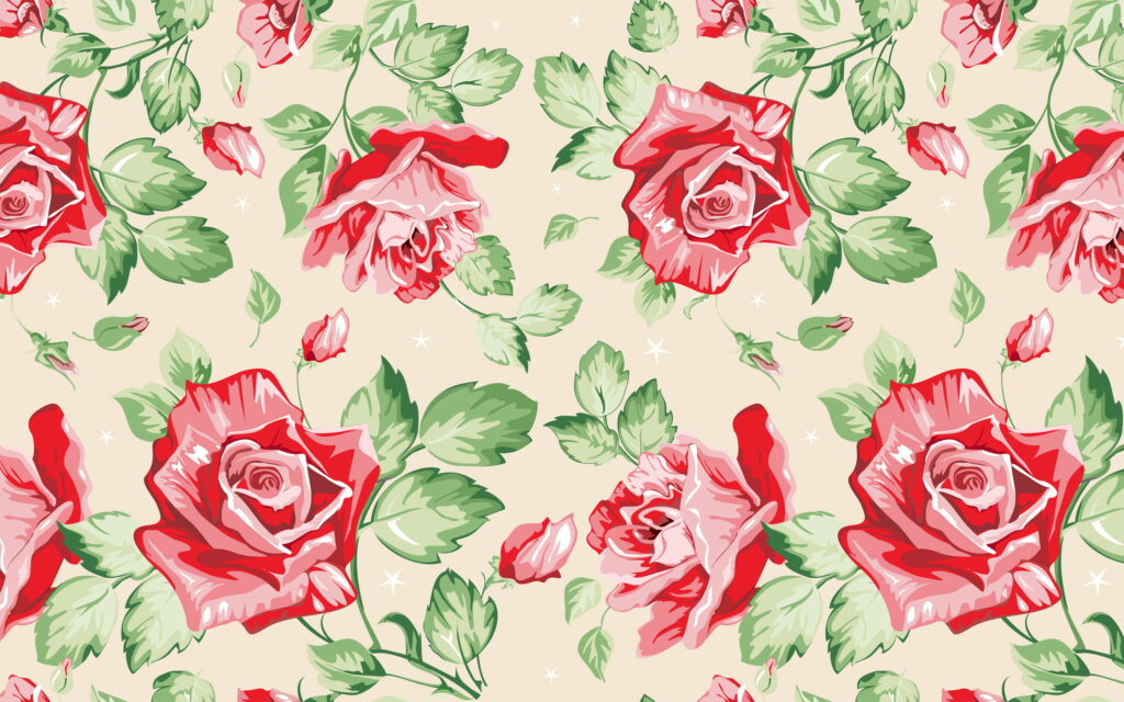 Seamless red rose floral wallpaper with green leaves star motifs on soft cream vintage background