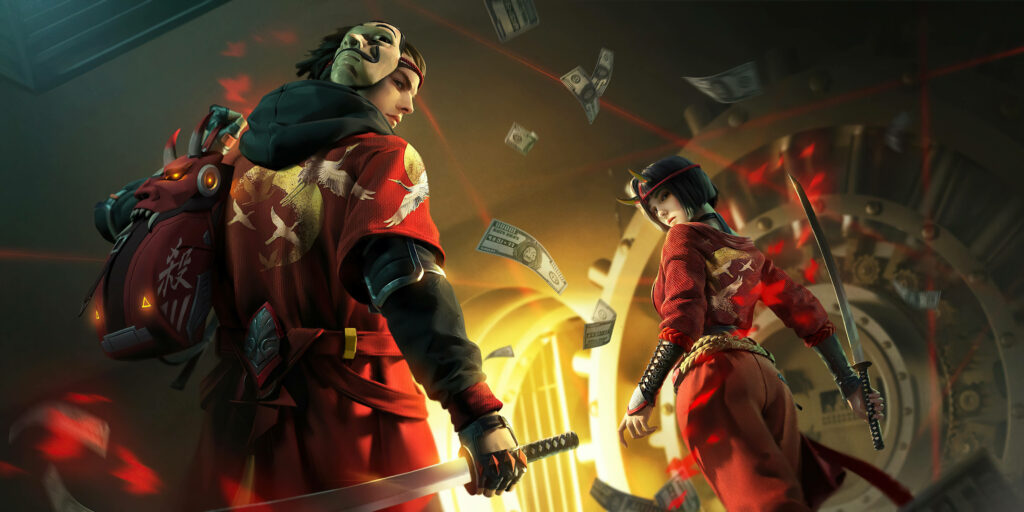Red Samurai Raid: Free Fire's Desktop Wallpaper Shows Two Soldiers Ambushing a Vault Full of Money