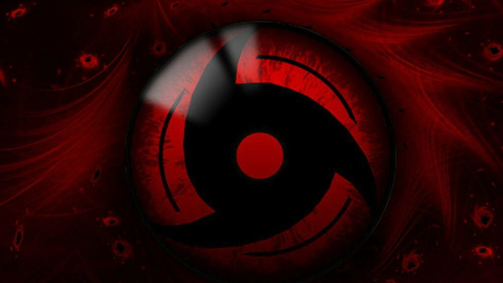 Mesmerizing Reflections: HD Wallpaper featuring the Intense Sharingan Eye within a Red and Black Mirror Wheel