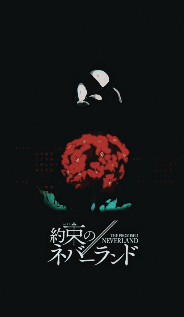 Vivid red spider lily wallpaper with The Promised Neverland logo on dark minimalistic background