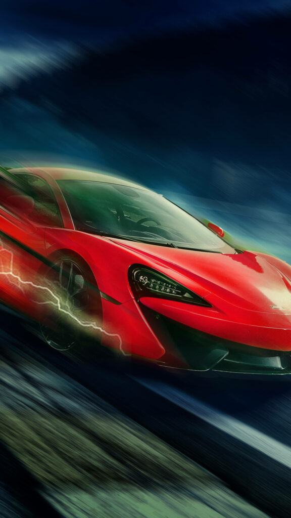 Red sports car speeding through lightning-lit dark background epic dynamic 4K iPhone wallpaper